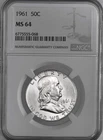 1961-P  50C FRANKLIN SILVER HALF DOLLAR  "PHILADELPHIA"  NGC MS64  #6775555-068