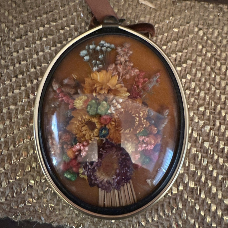 Vtg Cideart Domed Glass Framed Belgium Dried Straw Harvest Flowers Wall Art