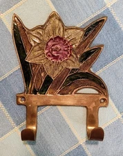 Vintage Brass & Enamel Daffodil 2 Hooks Kitchen/Home/Bath Decor