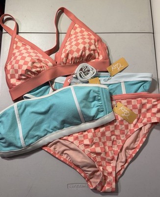 Kona Sol Women's Swim Bundle Pink Checkered Set + Turquoise Terry Set NWT 1x