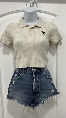 Cream Cropped Cable Knit Polo Sweater Moose