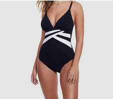 Gottex Black 1 Pc White Center Crisscross Striped Waist Swimsuit Sz 8 New 138