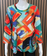 Ali Miles Women's PM Orange Blouse Polyester Tunic Abstract Artsy Boxy Oversized