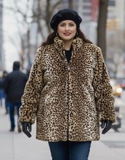 Vtg Luxe Leopard Print Faux Fur Coat Jacket Warm Winter Chic Size Large 12-14