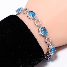 Blue Topaz, CZ 925 Sterling Silver Adjustable Bracelet 7-8" B132218