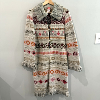 VTG OILILY Knit Sweater Coat Long Duster Fair Isle Toggle Fringed Wool Blend XS