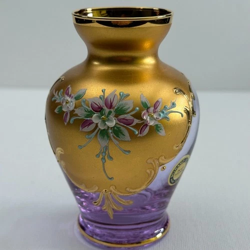 Murano Glass Italy Vase 4.5" 24KT Gold Gilt Hand Painted Floral Purple Vintage