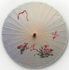 Parasol Umbrella Bamboo Wood Blue Pink Hand-painted Birds Blossoms Floral