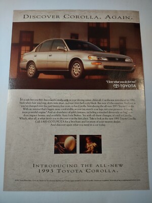 Toyota Corolla Economy Sedan Car Discover Again Vintage 1990s Print Ad