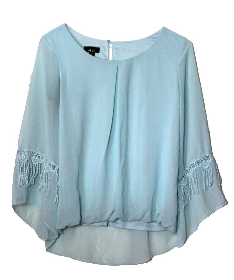 CAMICIA ALYX donna taglia M verde mare chiaro setosa manica lunga rifinitura all'uncinetto