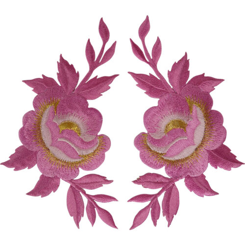 Pair of Pink Flower Patches Iron On Sew On Denim Jeans Flowers Embroidered Patch - Photo 1/2