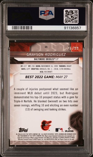 2023 Bowman’s Best Green Mini Diamond Grayson Rodriguez ROOKIE RC PSA 9 COME NUOVO - Foto 2 di 3