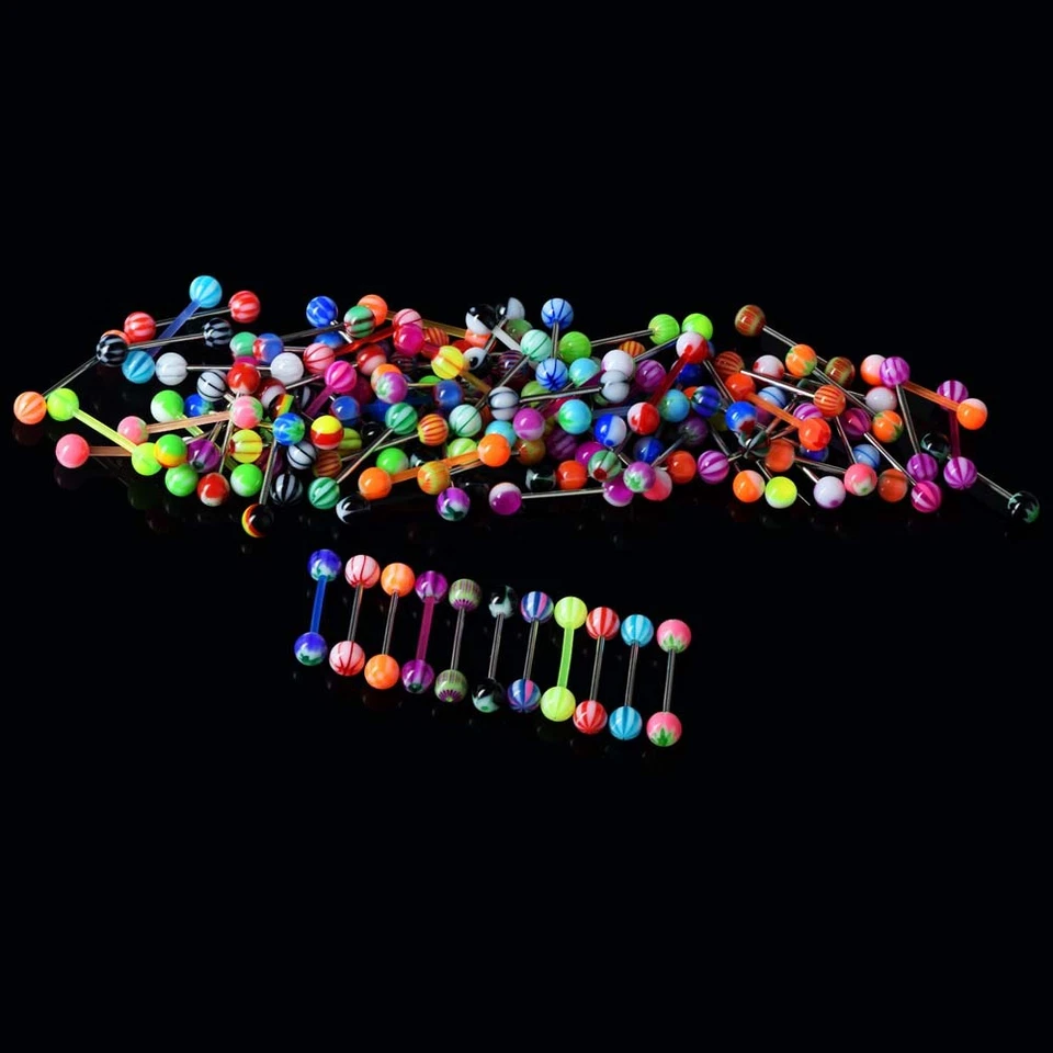 100PCS Assorted Colors Tongue Rings Nipple Ring 14G Stainless Steel Bar Barbells - Image 4 of 4