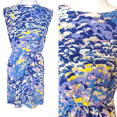 TIBI New York Dress 100% Silk Sz Medium Blue Sleeveless Ruched Front Abstract