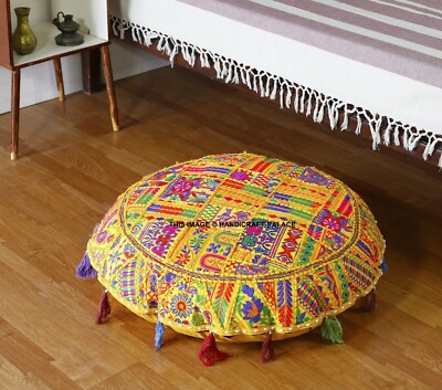 32'' Round Floor Pillow Boho Yellow Indian Patchwork Floor Pillow Case Vintage