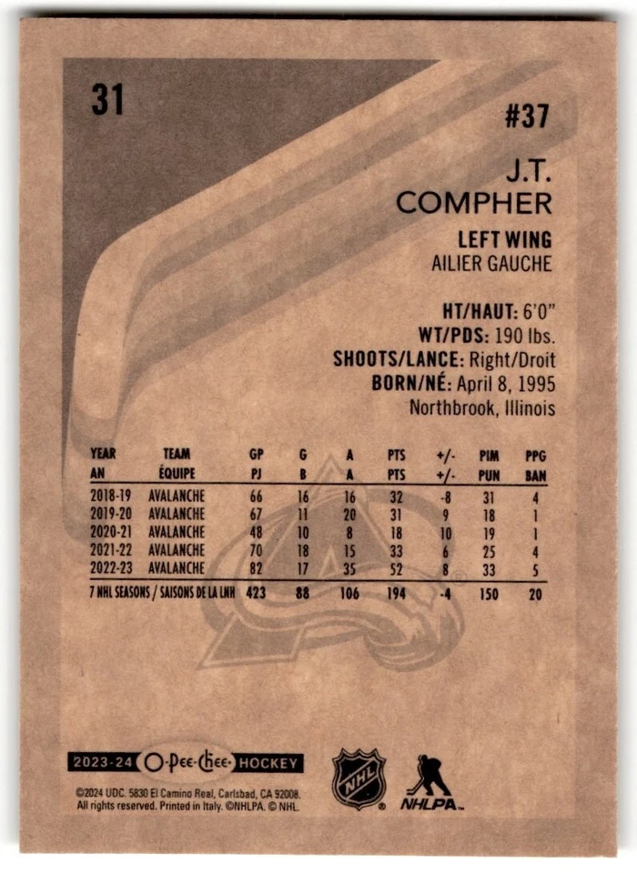 J.T. Compher 2023-24 O-Pee-Chee Retro #31 Colorado Avalanche - Image 2 of 2