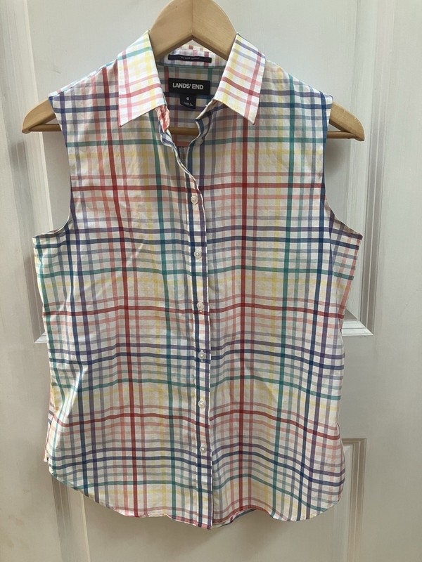 Lands End top size 6 sleeveless rainbow plaid no iron supima cotton button up