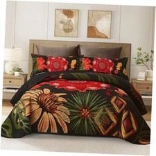 3 Piece Black Red Boho Floral Size Quilt Sets Farmhouse King Crimson Shadow