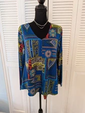 Attitudes by Renee Top Women MP Aztec Blue Orange Abstract Art LiquidKnit Blouse