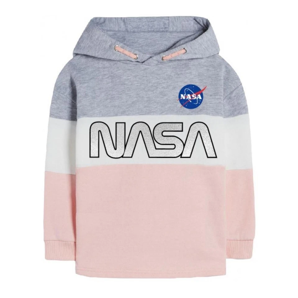 E PLUS M SP. Z O.O. Mädchen-Sweatshirt mit silbernem NASA-Schriftzug | Grau-Weiß-Rosa gestreift