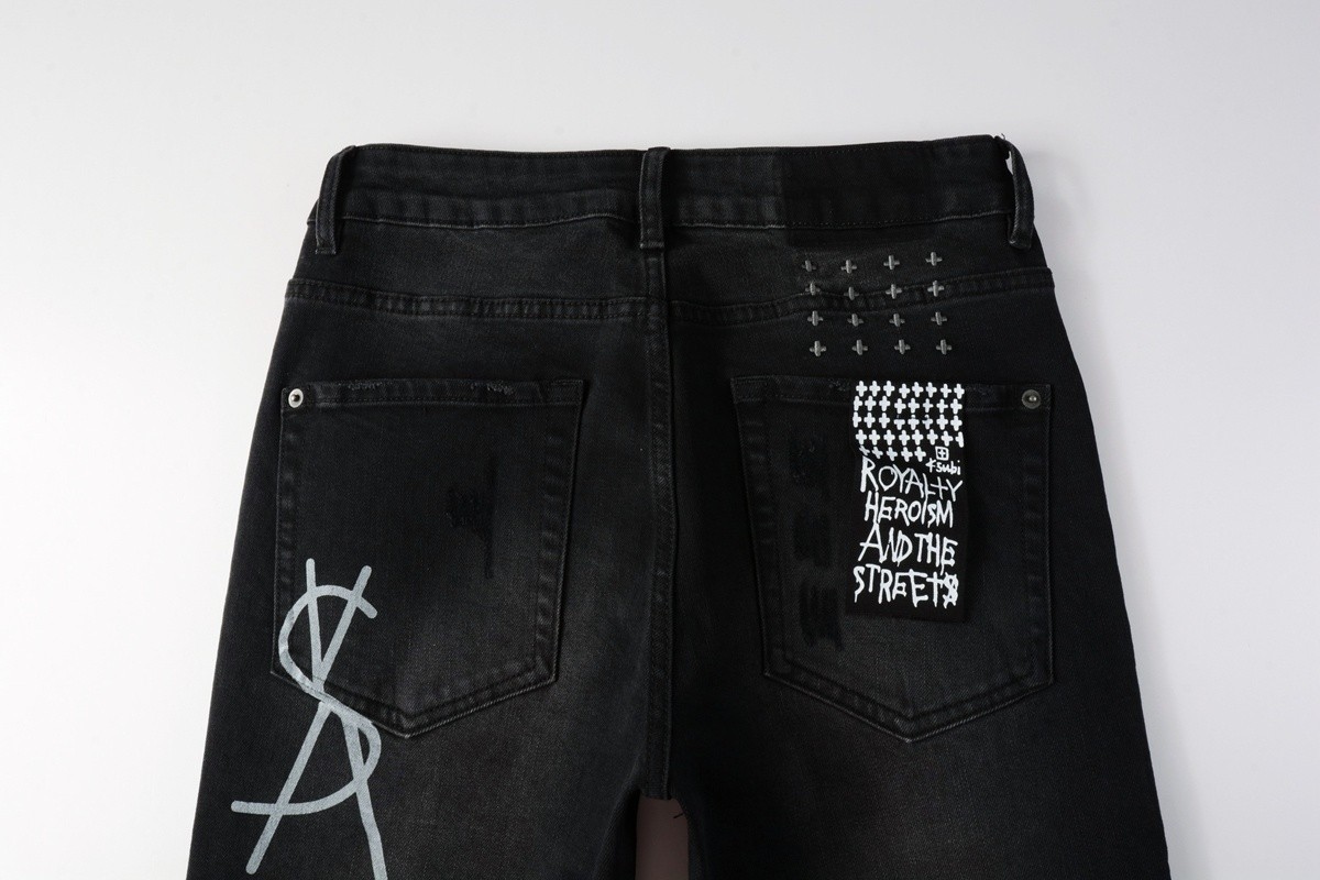 New Style KSUBI Men's Black Letter-Print Ripped Fashion Jeans