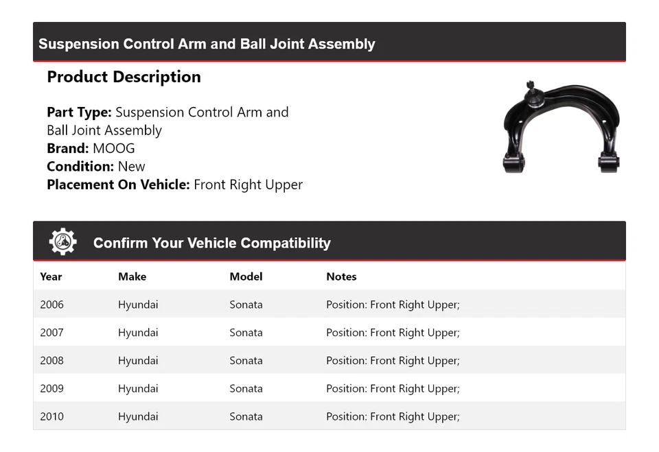 Brazo de control delantero derecho superior MOOG 2006 2007 2008 para Hyundai Sonata 2006-2010 Foto 2 de 4