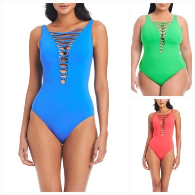 Bleu Rod Beattie Get Knotty High Neck Lace Up One Piece Swimsuit Women's