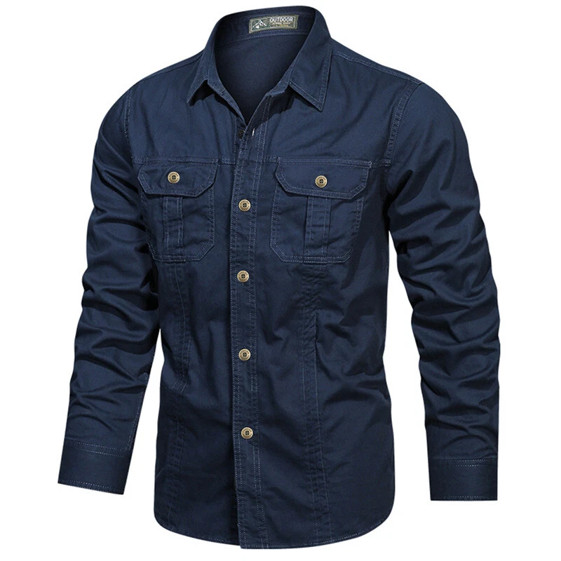 Mens Work Shirts Military Long Sleeves Air Force Army Cotton Casual Shirts Tops - Image 4 of 4