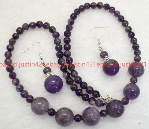 Fashion Beautiful 6-14mm Amethyst Round Beads Necklace + Earrings Set 18 Inch - Picture 9 of 12