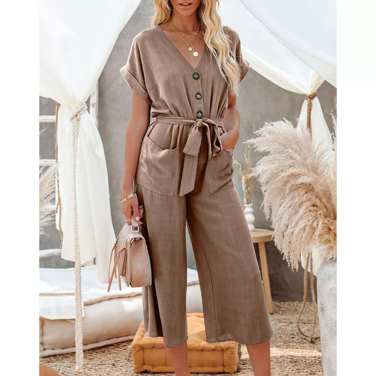 SHORT SLEEVE JUMPSUIT - Khaki