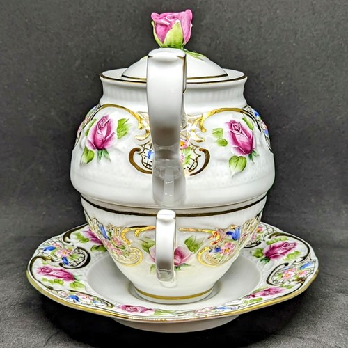 Tea For One Teapot Teacup Porcelain by Heirloom Lace Ltd. Romania Artist Signed - Picture 2 of 15