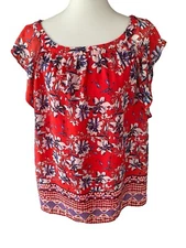 I.N. Studio Red/Multicolor Floral Lined Blouse-Size 1X
