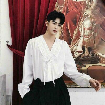 Men Gothic Shirts Tops Victorian Ruffle V-neck Cotton Punk Baggy