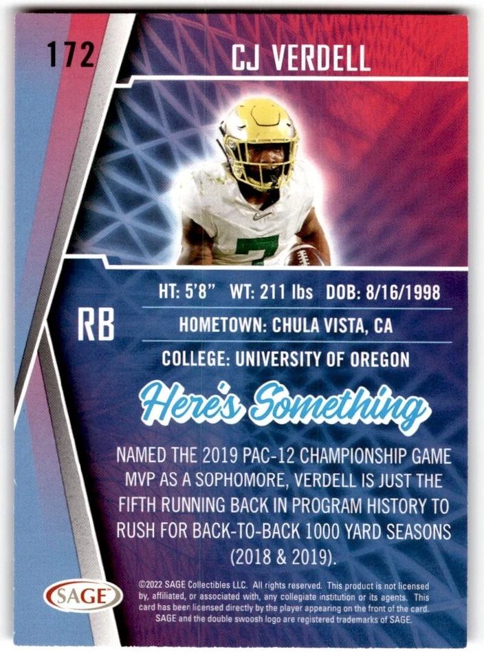 2022 SAGE Silver C.J. Verdell #172 Oregon Ducks - Image 2 of 2