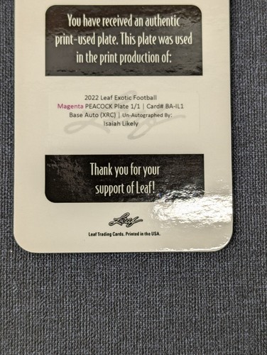 Isaiah Likely Rookie 2022 Leaf Exotic Peacock Printing Plate BA-IL1 1/1 - Picture 6 of 8