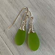 Min Favorit Apple Green Sea Glass Teardrop & Silver Pl Artisan Wrap Earrings