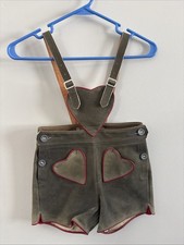 Vintage Lederhosen Childrens Kids Green Suede Heart Leather Shorts Suspender 22