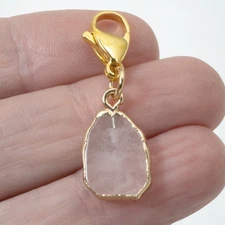 Rose Quartz Clip On Charm, Gold Edged Pink Crystal for Purse, Jewelry Accessory
