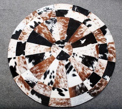 Rindsleder Rund Patchwork Teppich Handarbeit Kuhfell Teppich (36"x36") Wohndeko 89 - Bild 1 von 3