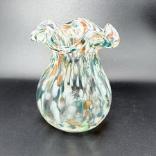 Vintage Murano Style Confetti Speckled Ruffled Bud Vase Hand Blown Art Glass