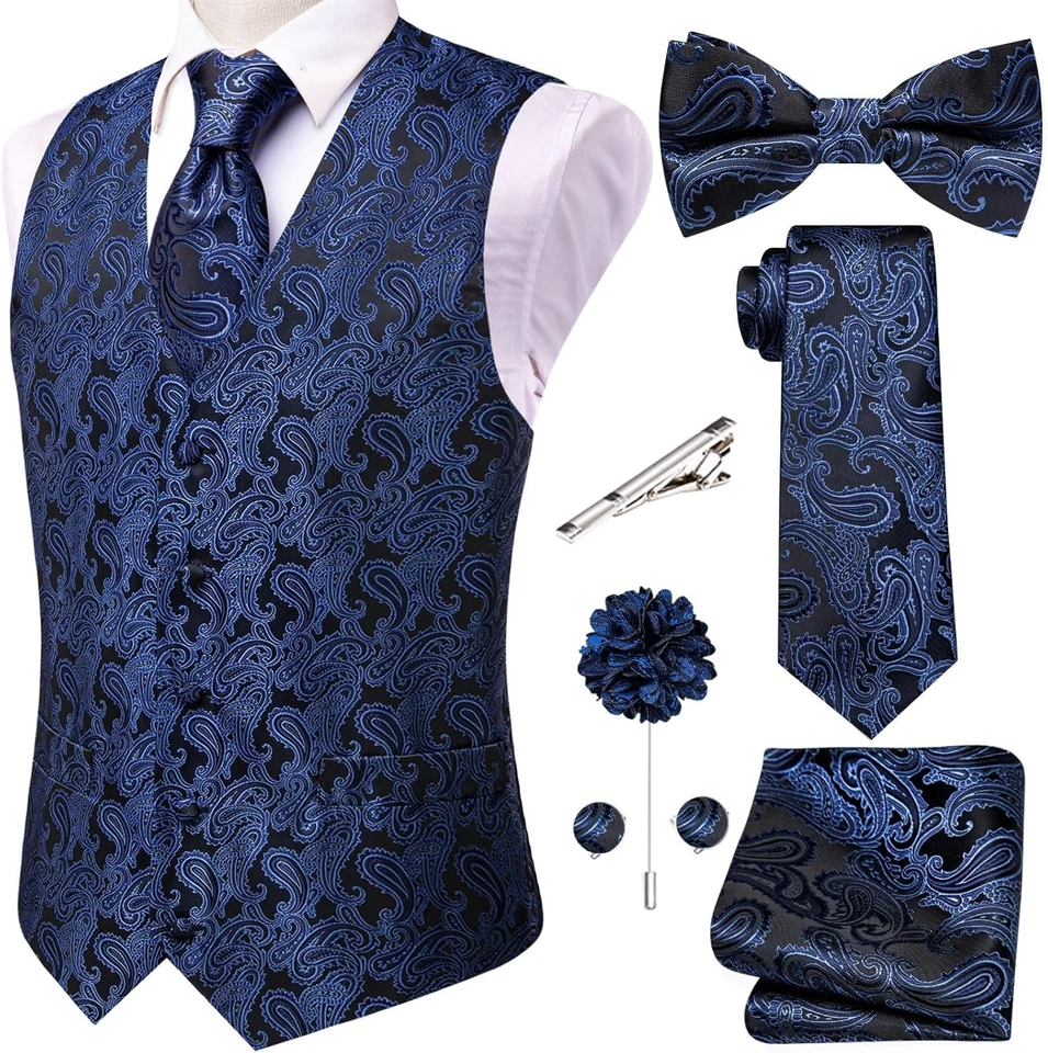 Conjunto de chaleco formal de seda y pajarita para hombre 5 piezas traje de boda accesorios gemelos Foto 4 de 4