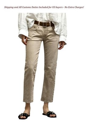 R13 Boy Straight Women Jeans 27 Khaki Stretch Washed Cropped Ankle RRP699 -