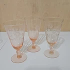 Vtg Set Of 3 Pink Depression Glass Small Stem Glasses Flower/Leaf Etched