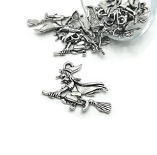 Silver Witch on Broom Halloween Charms, 30x37mm - US Seller