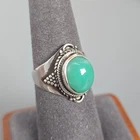 Vintage Sterling Silver Ornate Beaded Decal Ring Green Onyx/Chrysophase? Size 8