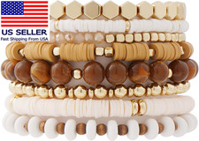 Surfer Heishi Clay Bead Bracelets for Women Bohemian Stackable Gold Plated Beade