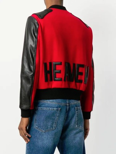 Saint Laurent Jacket Mens Red Varsity Bomber Black Leather Trim Teddy Baseball