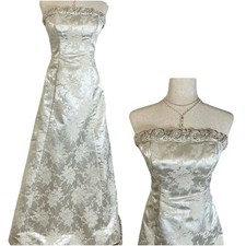 Vtg 90s Y2K Jump Apparel Cream Gold Metallic Floral Prom Formal Gown Strapless