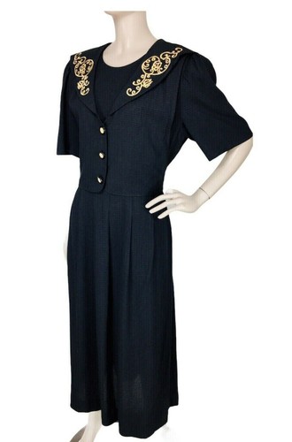 Vintage 80s Black Textured Gold Embroidered Collar Puff Half Sleeve Maxi Dress - Picture 3 of 11