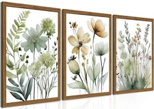 Wood Framed Sage Green Botanical Wall Art Set of 3, Boho Floral Canvas Wall D...